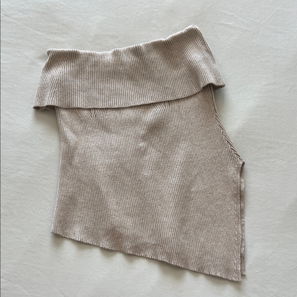 Beige Ribbed Knit Off-Shoulder Top